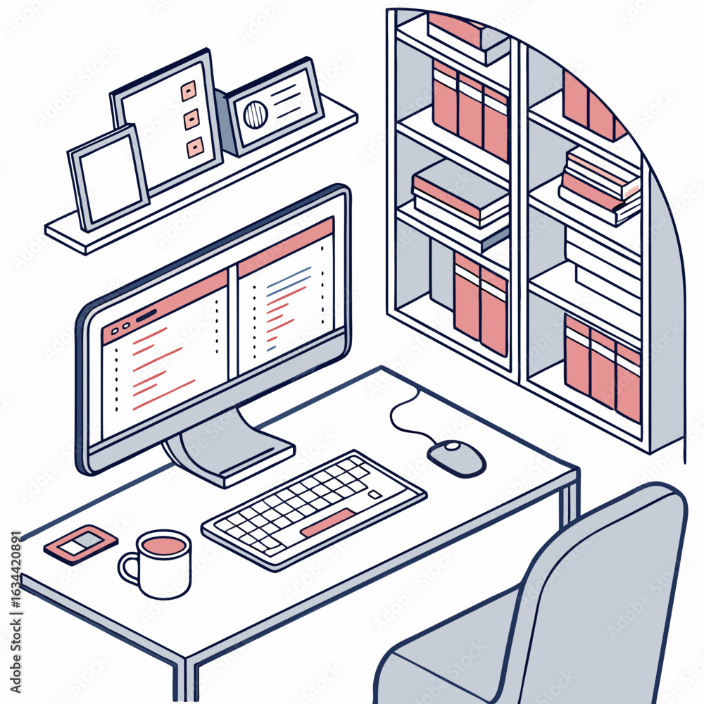 Poster isometric illustration of a modern workspace with computer and bookshelf