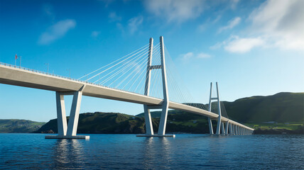 Fototapeta premium A modern cable-stayed bridge spans across deep blue waters in a coastal setting. The bridge has a white concrete deck with a sleek, curved design and multiple white support towers.