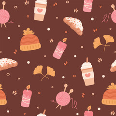 Autumn Cozy Seamless Pattern – Knitting Yarn, Ginkgo Leaves, Candle, Latte Coffee, Croissant, Hat – Brown and Burgundy Fall Background