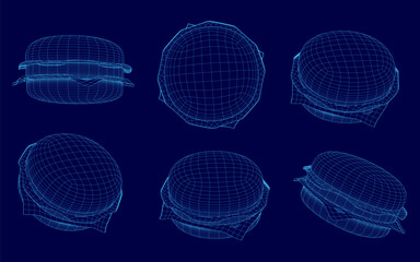 Six hamburgers arranged symmetrically on a blue background, each featuring a detailed 3D wireframe model at the center. The burgers showcase distinct shapes and textures.