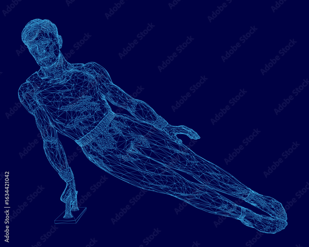 Aufkleber a 3d wireframe gymnast in a dynamic swimming pose stands out against a blue background. the intricat