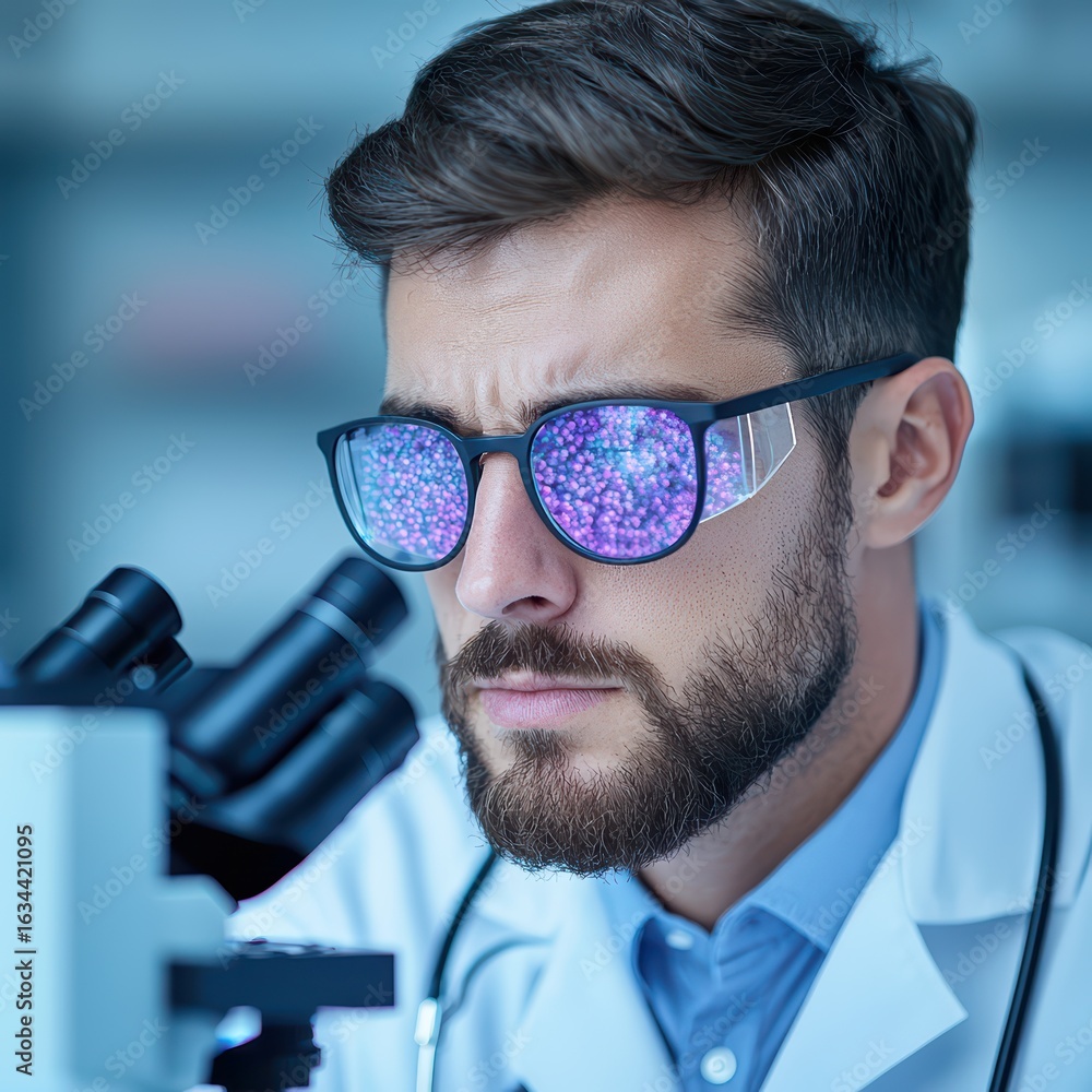 Poster scientist examining samples with microscope in laboratory setting