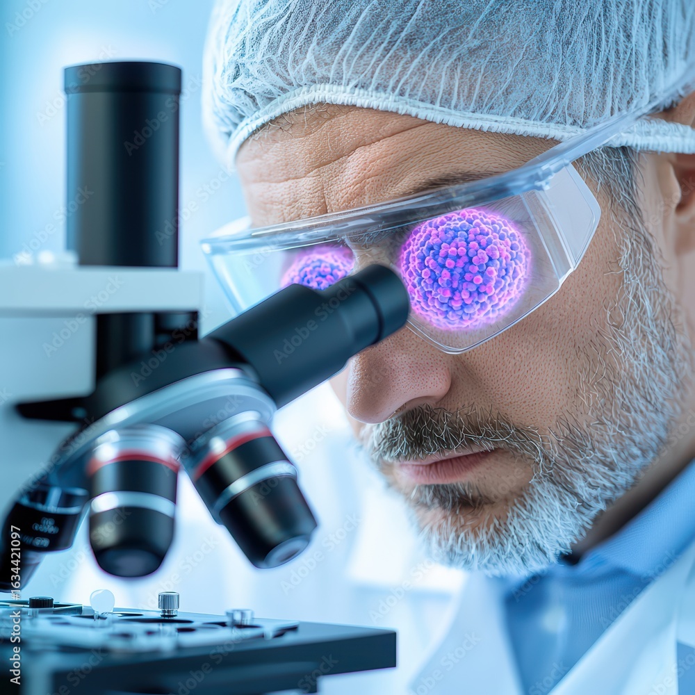 Poster scientist examining samples under microscope with focused expression
