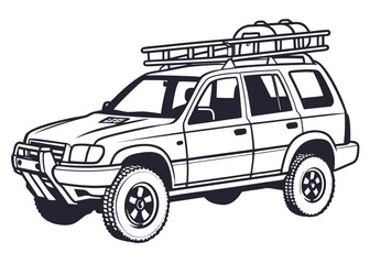 Search and rescue vehicle outline, with roof rack and simple equipment, clean lines, front perspective, coloring book template, white backdrop