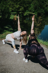 Two women stretching as part of an outdoor exercise routine to promote fitness, wellbeing, and...