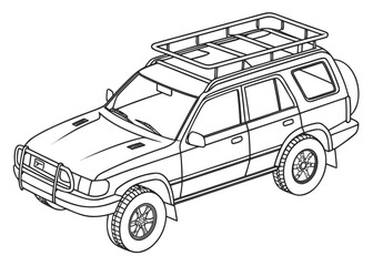 Search and rescue vehicle outline, with roof rack and simple equipment, clean lines, front perspective, coloring book template, white backdrop