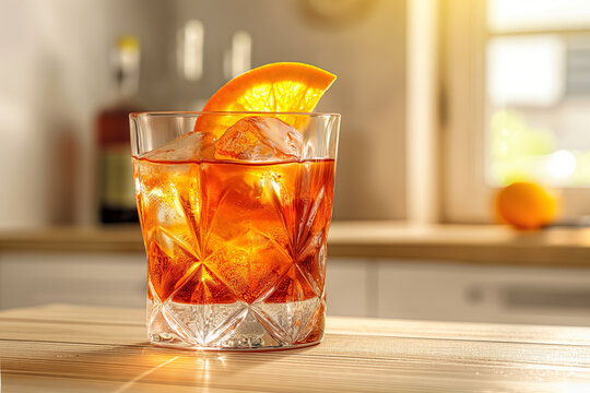 Aperitif Cocktail with Orange Slice. AI-generated refreshing orange-hued aperitif cocktail in elegant stemmed glass with ice cubes and orange slice garnish, sparkling highlights on rustic bar table.