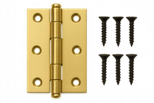 Golden hinge with screws on a transparent background, perfect for diy and home improvement projects