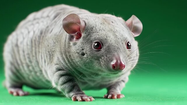 Close-up of a Hairless Pet Rat with Wrinkled Skin Against a Vibrant Green Background