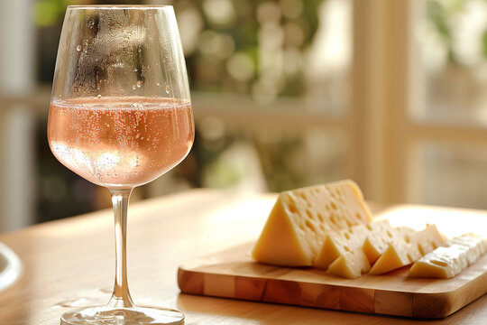 Rosé Wine and Cheese Slices on Wooden Board. AI-generated glass of chilled rosé wine with cheese slices on wooden board, soft pink hues, rustic charcuterie vibe, warm ambient lighting. - Powered by Adobe