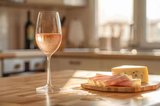 Rosé Wine and Cheese Slices on Wooden Board. AI-generated glass of chilled rosé wine with cheese slices on wooden board, soft pink hues, rustic charcuterie vibe, warm ambient lighting.