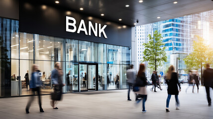 Busy urban bank with people walking in the foreground