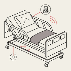 Isometric Line Drawing of an Adjustable Hospital Bed with Control Panel