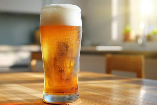 AI-generated close-up of cold German Helles beer in tall glass with frothy head and condensation, golden lager gleaming on rustic wooden bar table.