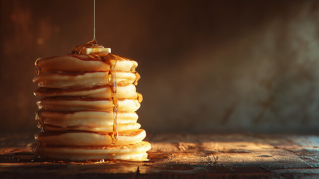 Tower of Pancakes Soaked in Maple Syrup – National Pancake Day Hero Shot