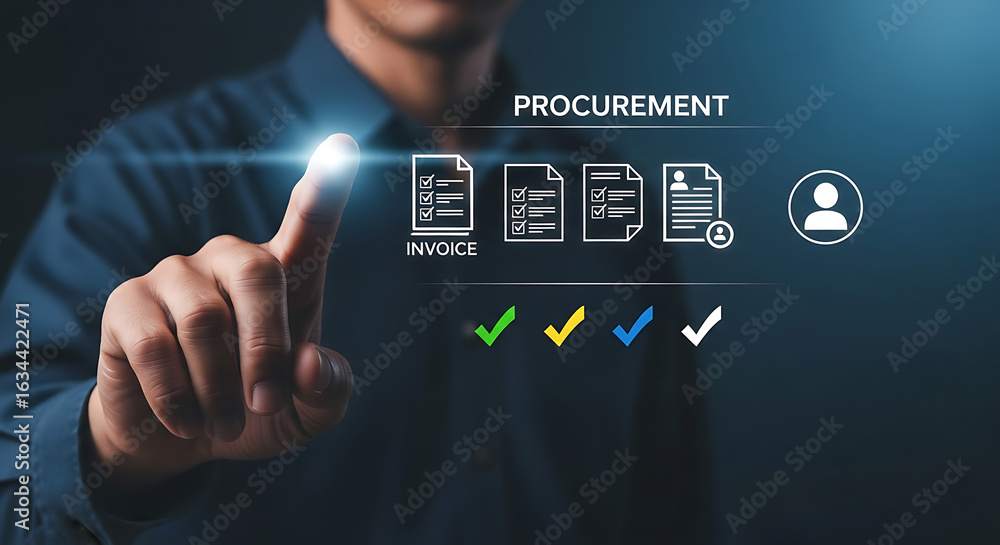 Poster closeup of a persons finger touching a glowing screen displaying procurement workflow icons and stat