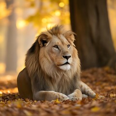 Fototapeta premium Lion lies beneath golden leaves, mane glowing in forest’s warm light.