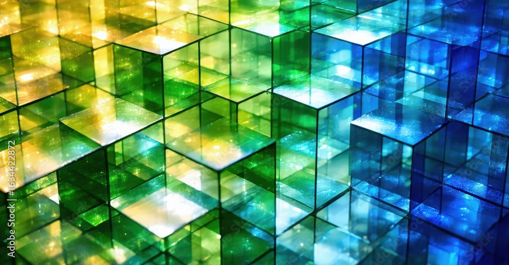 Poster Vibrant cube display. Reflections create colorful, abstract patterns. Light plays across surfaces, forming dynamic visual experience.
