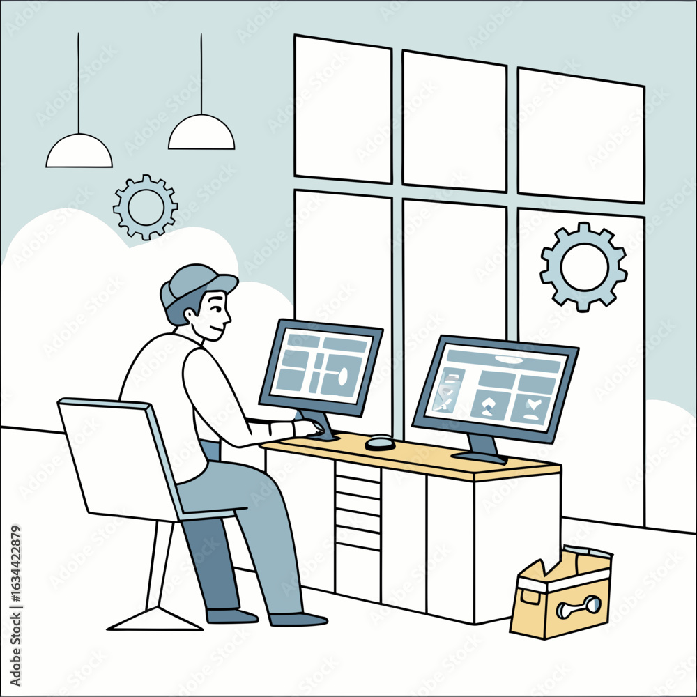 Aufkleber man working on two computer monitors in modern office