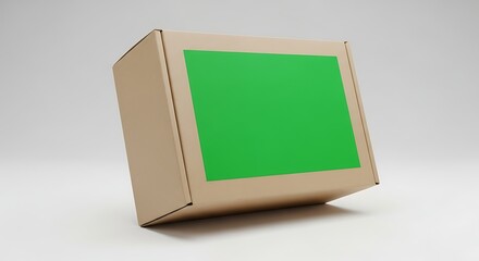 A tilted cardboard shipping box with a customizable green screen label for mockup purposes, isolated on a white background. 3D render.