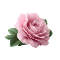 A beautiful pink rose with lush green leaves, captured against a white isolated background, perfect for floral arrangements and designs.