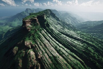 High-angle view of a dramatic mountain range, layered with lush vegetation and exposed rock faces