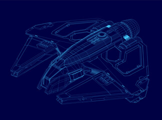 A detailed 3D wireframe model of a futuristic spaceship with visible cockpit, wings, and engines. The blueprint-style design contrasts sharply against the solid blue background.