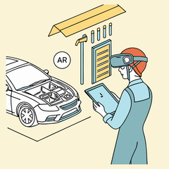 Mechanic Using Virtual Reality Headset and Tablet for Car Repair