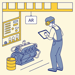 Mechanic Using Tablet for Engine Inspection in Workshop