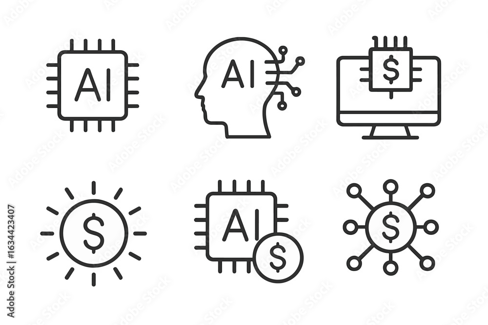 Aufkleber exploring the concepts of artificial intelligence, finance, and technology through diverse graphic r