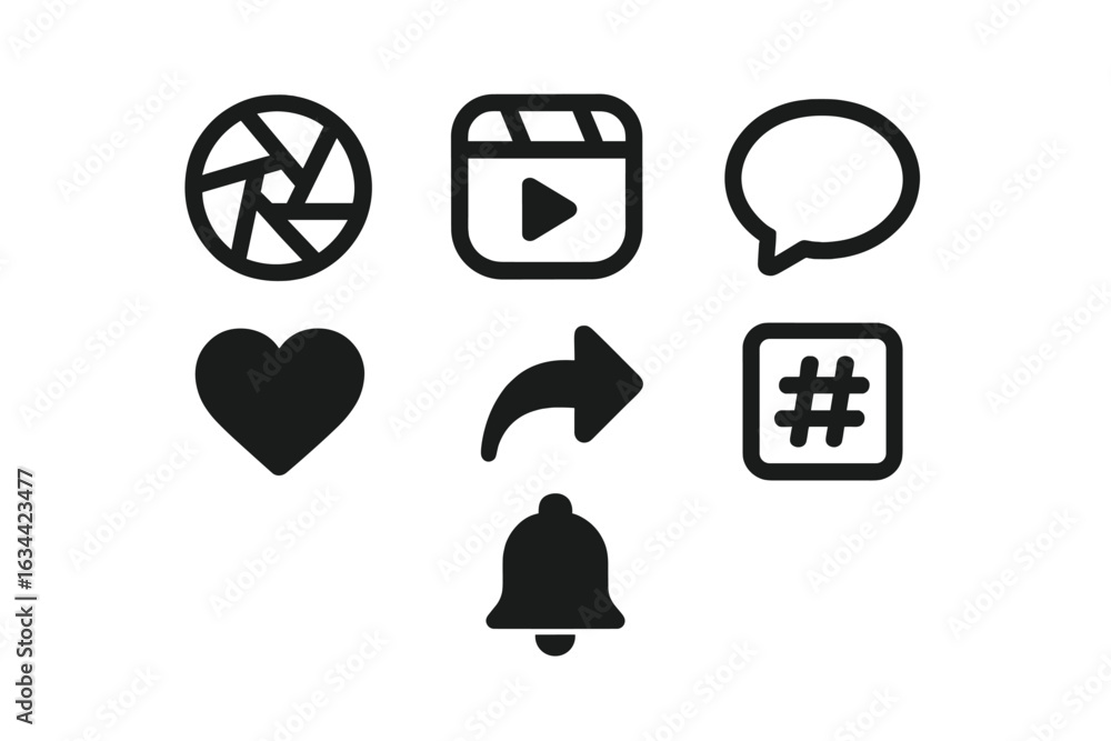 Poster collection of popular social media icons representing interaction and content creation tools on a di
