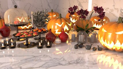 Halloween Party Table Decor with Pumpkins, Candles, and Desserts on Marble Surface