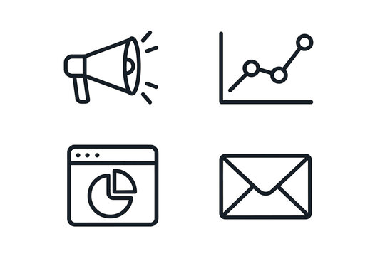 Marketing tools for digital strategy featuring a megaphone, graph, data chart, and email icon