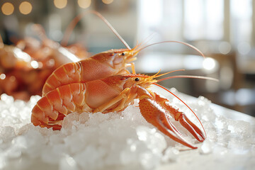 Fresh Crayfish on Crushed Ice. AI-generated fresh whole crayfish displayed on clear crushed ice atop a light stone kitchen countertop