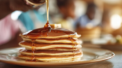 Tall Stack of Fluffy Pancakes with Syrup Pouring – Celebrate National Pancake Day with the Perfect Sweet Breakfast Indulgence