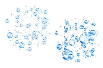 Cute 3D flowing blue liquid water bubbles or fluid glowing air bubbles droplets isolated, transparent background. Sparkling water, moisture condensation molecules or particles
