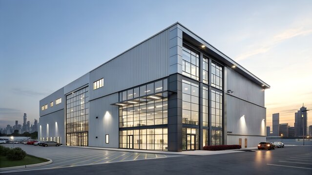 sleek steel exterior of modern warehouse office