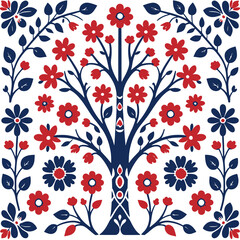Stylized folk art tree of life with red and blue flowers