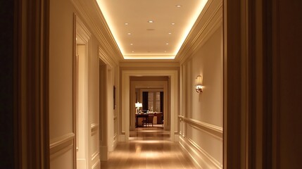 Hallway with recessed panel lights along the ceiling providing subtle warm light as it leads to a beautifully decorated room enhancing the homes overall aesthetic and functionality
