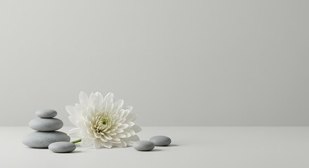 White Chrysanthemum Flower with Smooth Stones on a Minimalist White Background