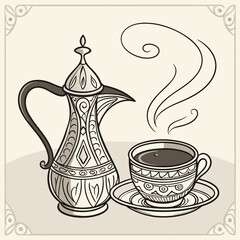 Ornate Coffee Pot and Cup Illustration