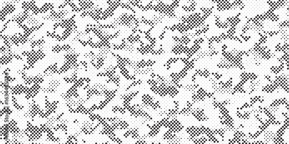 Poster abstract halftone seamless camouflage pattern. repeating digital dotted hexagonal camo military text