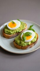 Delicious Avocado Toast with Soft Boiled Eggs and Basil Healthy and Nutritious Breakfast or Brunch Idea Minimalist Food Photography