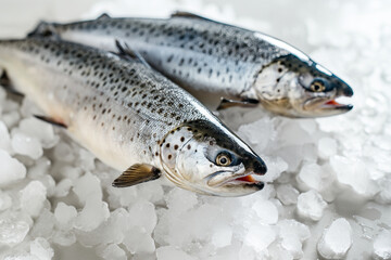 Obraz premium Two Fresh Atlantic Salmon on Crushed Ice. AI-generated two whole Atlantic salmon (Salmo salar) on clear crushed ice atop a light stone kitchen countertop