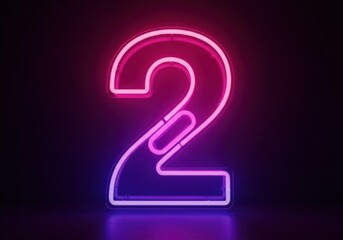 Bright neon number two glowing in pink and purple against a dark background