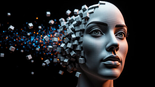 Futuristic digital sculpture of human head, showcasing mesh design with cubes disintegrating, symbolizing technology and creativity