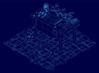 A vintage wireframe table displays a detailed 3D blueprint of a building on a solid blue background. The intricate structure features realistic architectural elements and clean lines.