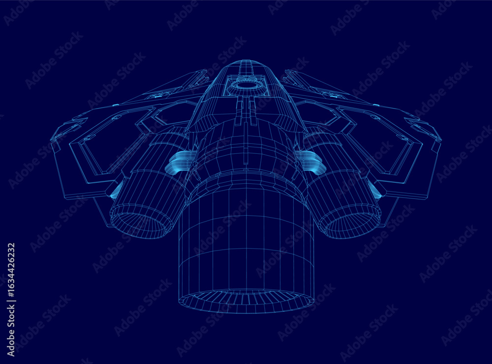 Aufkleber a sleek 3d wireframe spaceship model floats against a vibrant blue background, showcasing intricate 