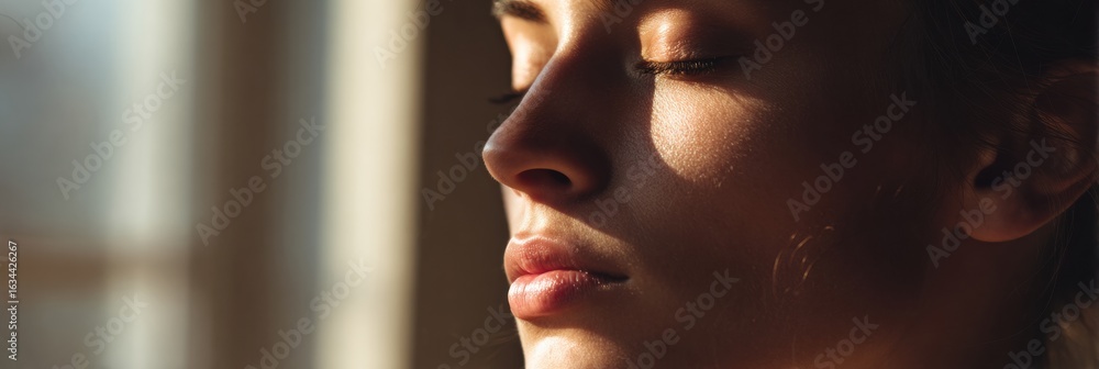 Poster radiant morning face illuminated by sunlight near window with soft focus background creating a calmi