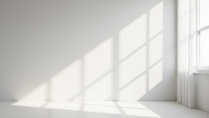 Fototapeta premium Bright, minimalistic interior with soft shadows cast by sunlight through window, creating serene atmosphere
